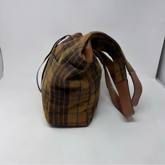 Lucky Brand Purse Brown Tan Blue Plaid Wool Blend Shoulder Bag Tote Front Pocket - Picture 7 of 14